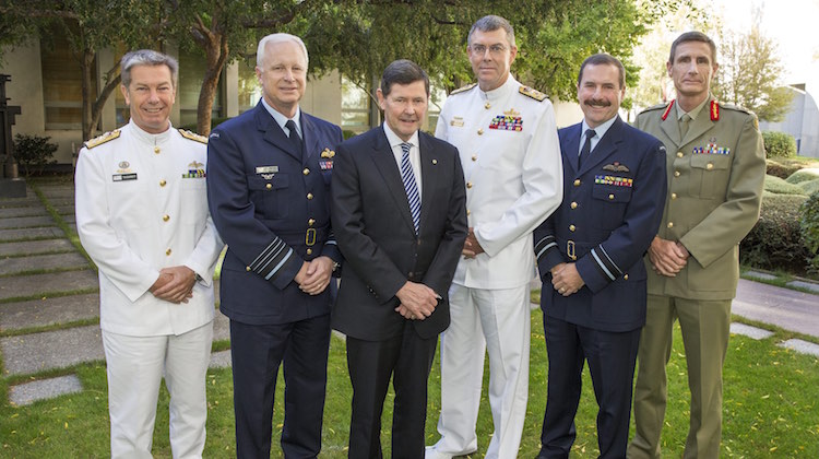 (L-R) Chief of Navy VADM Tim Barrett, Chief of Defence Force ACM Mark Binskin, Defence Minister Kevin Andrews, Vice Chief of Defence Force VADM Ray Griggs, Chief of Air Force designate AVM Leo Davis, and Chief of Army designate LTGEN Angus Campbell.
