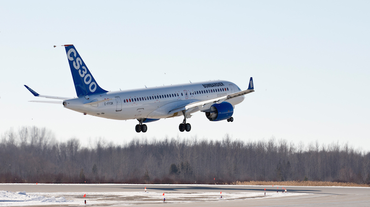 Bombardier's CSeries CS300 during first flight. (Bombardier)