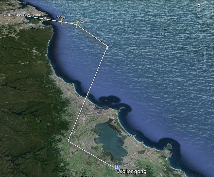 The expected flight path of the VH-OJA delivery flight. (Shellharbour City Council/Google Earth)