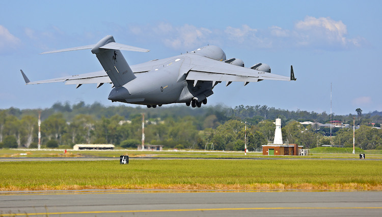 An RAAF C-17 Globemaster leaves Amberley for Vanuatu. (Defence)