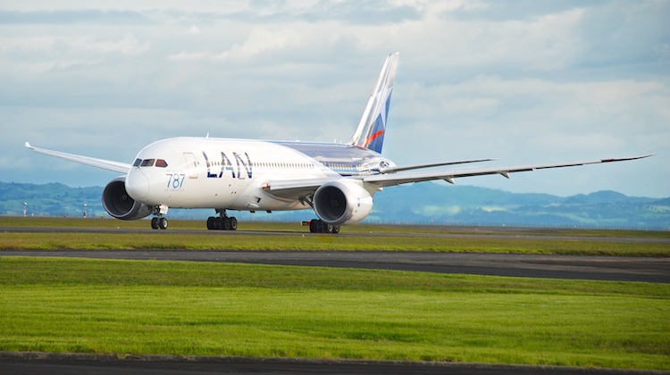 LAN flight LA800, operated by Boeing 787-8 CC-BBA at Auckland Airport. (Andrew Aley)
