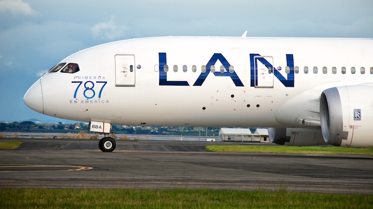 LAN flight LA800, operated by Boeing 787-8 CC-BBA at Auckland Airport on April 18 2015. (Andrew Aley)