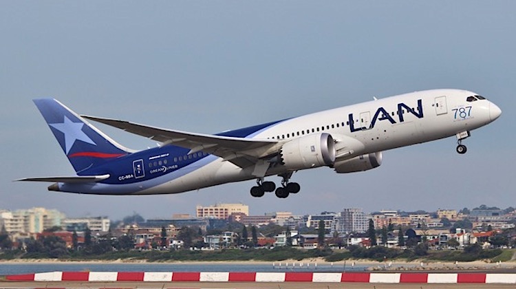LAN flight LA800, operated by Boeing 787-8 CC-BBA at Sydney Airport on April 18 2015. (Luke McDermott)