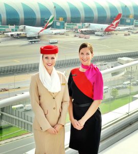Emirates and Qantas cabin crew at Dubai Airport. (Qantas)