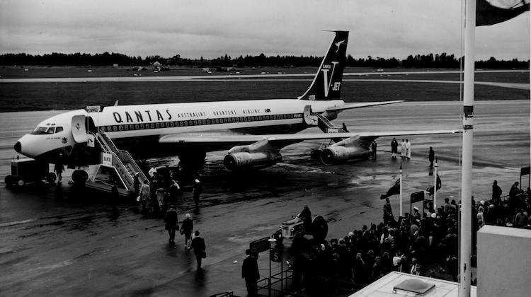 A Boeing 707 used to operate Qantas's first trans-Tasman jet service after landing at Christchurch Airport. (Qantas)