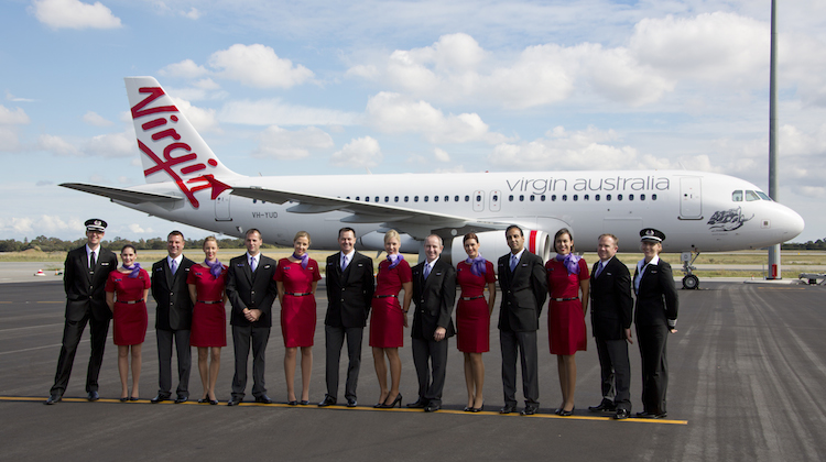 Virgin Australia staff in front of an Airbus A320. (Virgin Australia)