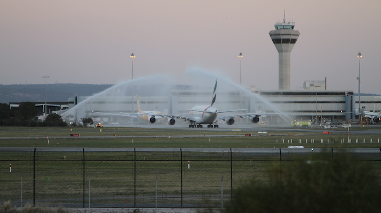 Perth Airport welcomes Emirates' first A380 service to the WA capital on May 1 2015 (Brenden Scott)