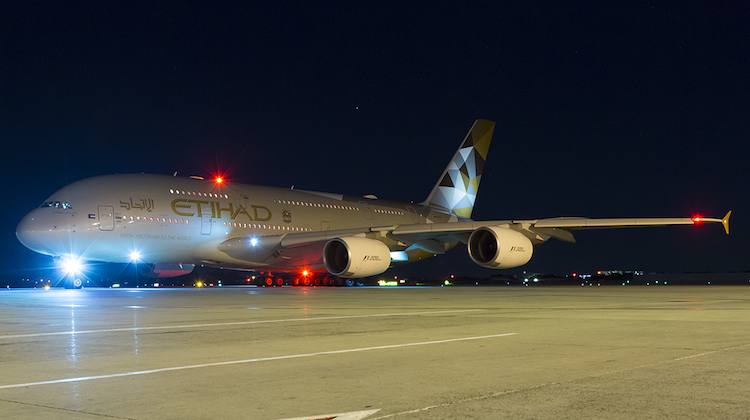 Etihad's daily A380 service to Sydney arrives about 1800 and departs at 2125. (Seth Jaworski)
