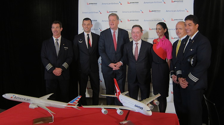 Qantas chief executive Alan Joyce and American Airlines chief executive Doug Parker at the launch of AA's new SYD-LAX flight.