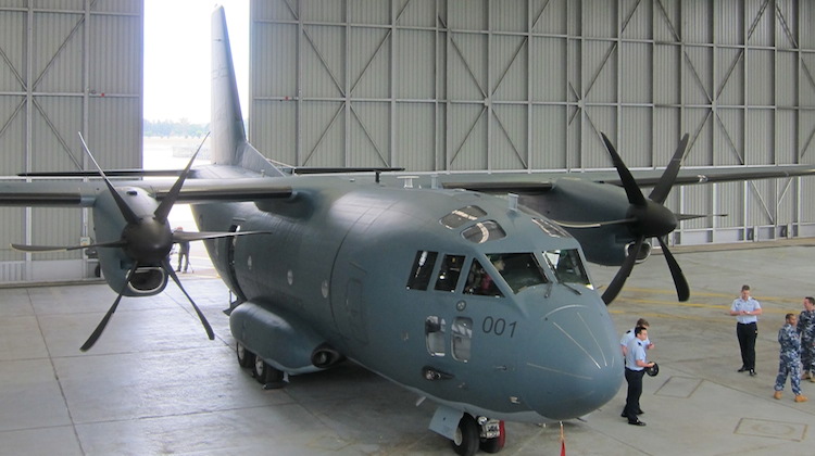 The RAAF's first C-27J A34-001 at the arrival ceremony at RAAF Base Richmond.