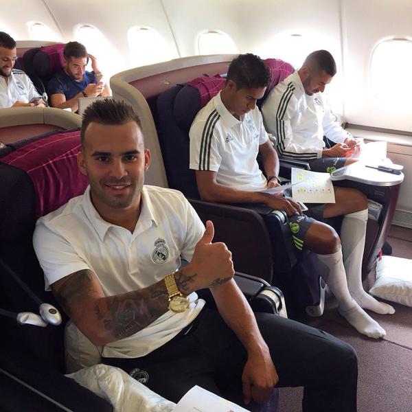 The Real Madrid squad on board the upper deck of the MAS A380. (Real Madrid/Twitter)