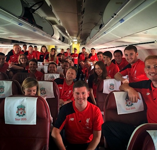 On board the Liverpool FC chartered A340-500. (Allredsmalaysia/Twitter)