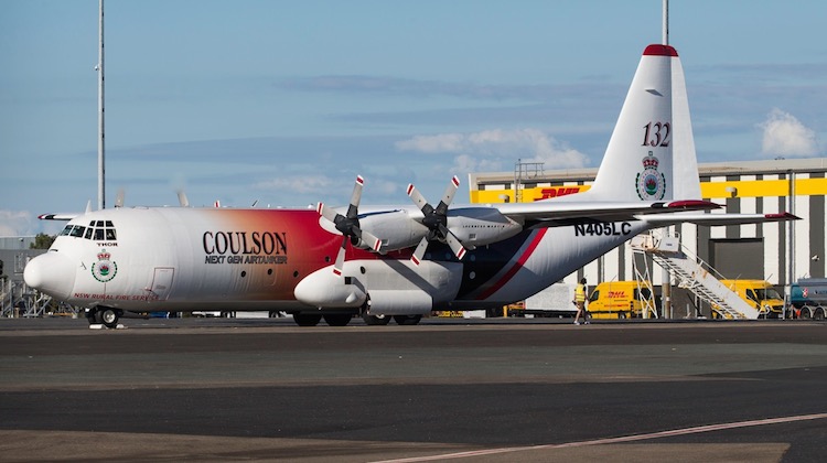 A Lynden Air Cargo C-130 firefighting air tanker at Brisbane Airport. (Lance Broad)q