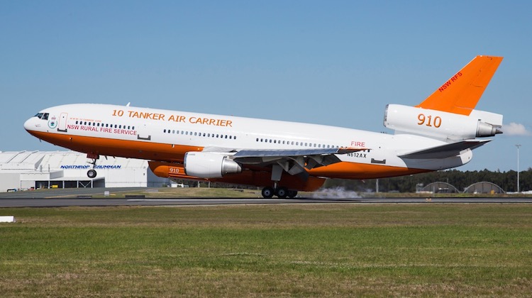 A McDonnell Douglas DC-10 Very Large Air Tanker touches down in Brisbane on September 28 2015. (Lance Broad)