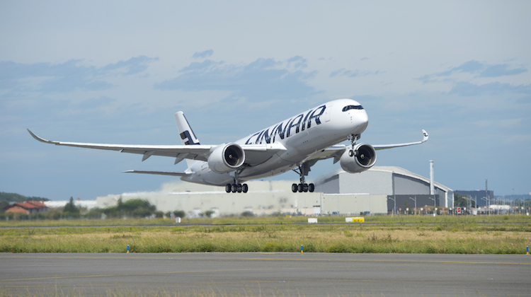 Finnair's first A350 takes its first flight on September 17 2015 at Toulouse. (Airbus)