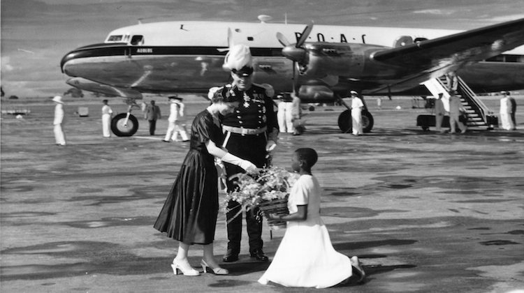The Queen is greeted on one of her Royal tours, having arrived in a BOAC Argonaut aircraft. (British Airways)