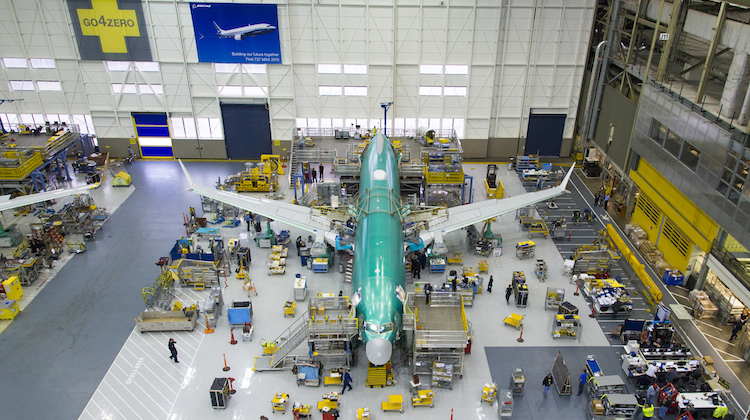 An aerial view of the first Boeing 737 MAX on the final assembly line. (Boeing)