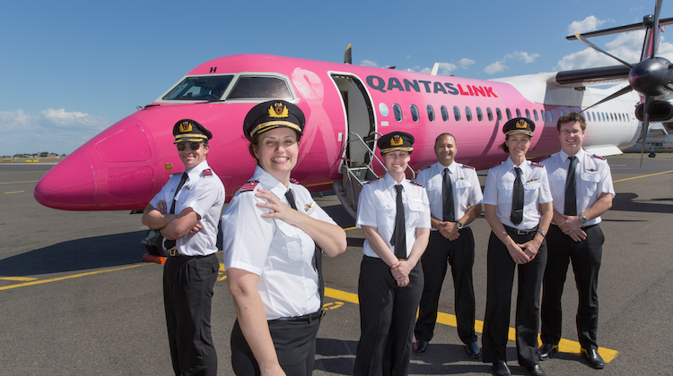 Qantas pilots show their support for breast cancer research with the FlyPink initiative. (Qantas)
