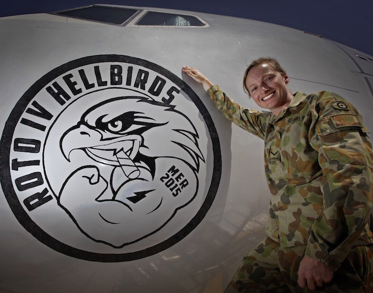 Leading Aircraftwoman Bronwyn, an Avionics Technician on Operation OKRA, has designed and drawn nose art onto an E-7A Wedgetail Airborne Early Warning and Control aircraft.