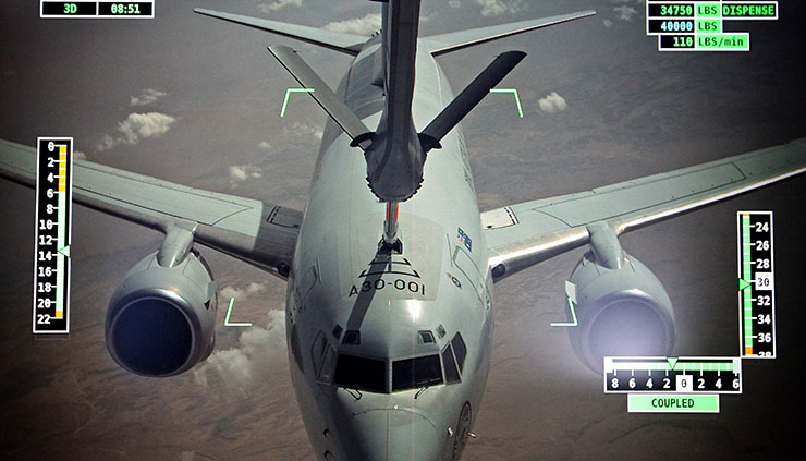 A Royal Australian Air Force (RAAF) E-7A Wedgetail carries out the first operational air-to-air refuellilng from a RAAF KC-30A Multi-Role Tanker Transport aircraft on operations above Iraq.