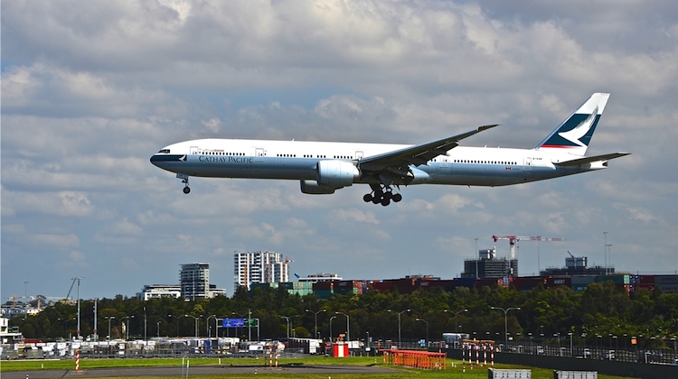 Cathay Pacific flight CX101, operated by 777-300ER B-KQR, arrives in Sydney. (Cathay Pacific)