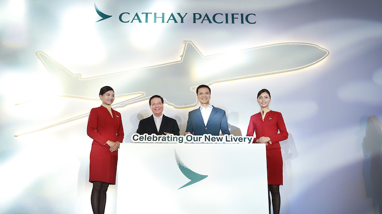 Cathay Pacific chief executive Ivan Chu launches the new livery with Hong Kong secretary for transport and housing Anthony Cheung. (Cathay)