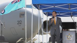 Minister for Defence Materiel and Science, The Hon Mal Brough addresses the gathering during the ceremony for the arrival of Globemaster A41-212 to the Air Force fleet.