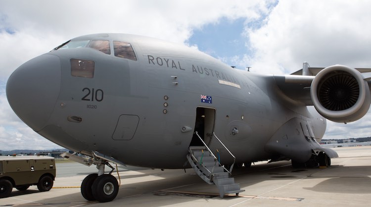 A C-17A Globemaster parked at Defence Establishment Fairbairn for a wireless communications demonstration.