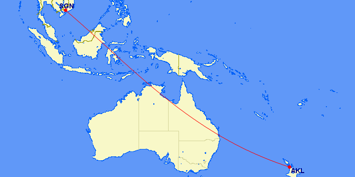 Auckland to Ho Chi Minh is just over 8800 km, the Great Circle Mapper shows