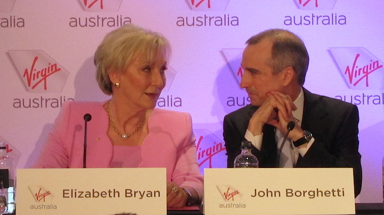 Virgin Australia chief executive john Borghetti and chairman Elizabeth Bryan at the company's annual general meeting in Brisbane. (Jordan Chong)