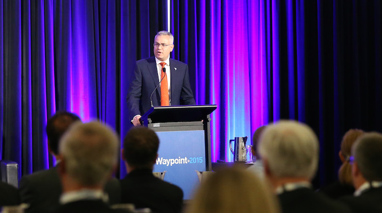 Jason Harfield speaking at Airservices 2015 industry conference Waypoint. (Airservices)