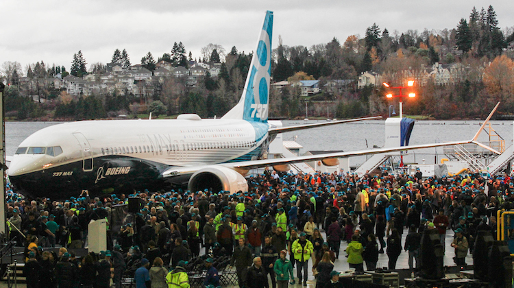 Boeing staff celebrate the rollout of the first 737 MAX at Renton. (Boeing)