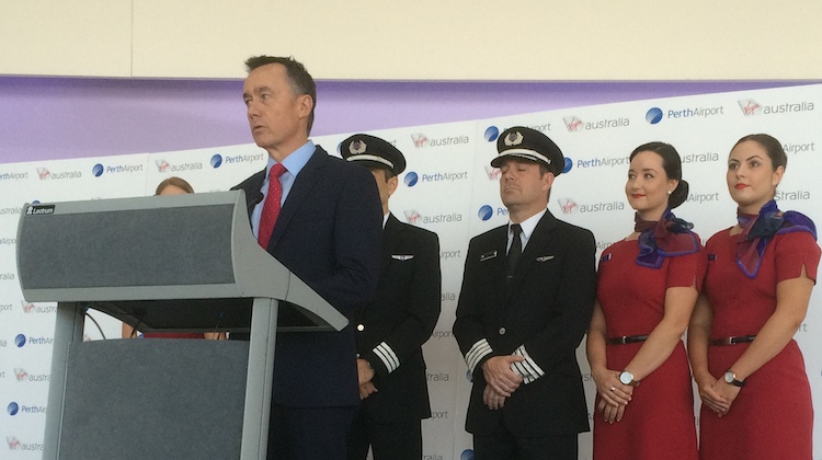 Perth Airport chief executive Brad Geatches speaking at the opening of the Terminal 1 Domestic Pier. (Jordan Chong)