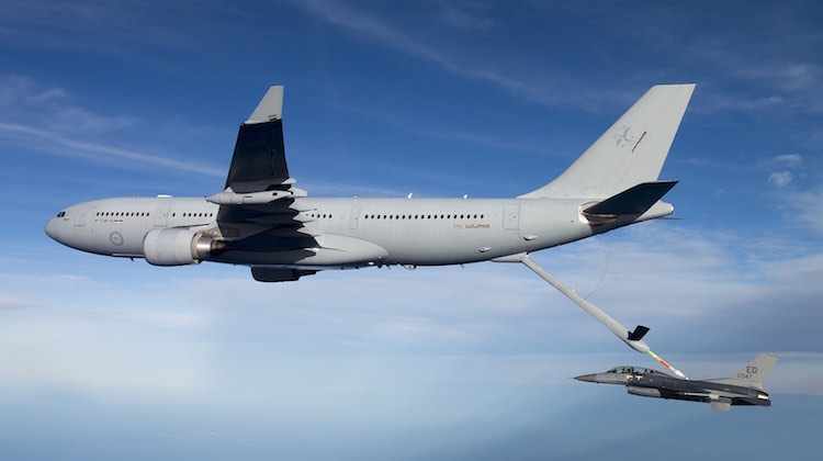 A Royal Australian Air Force (RAAF) KC-30A Multi-Role Tanker Transport (MRTT) during air-to-air refuelling trials with a United States Air Force (USAF) F-16 fighter.
