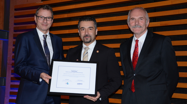 Charles Champion, Executive Vice President Airbus Engineering and Patron of the Diversity Award with 2015 Award recipient Fadi Aloul and John Beynon, Chair of the GEDC and Dean of Engineering at the University of Adelaide. (Airbus)