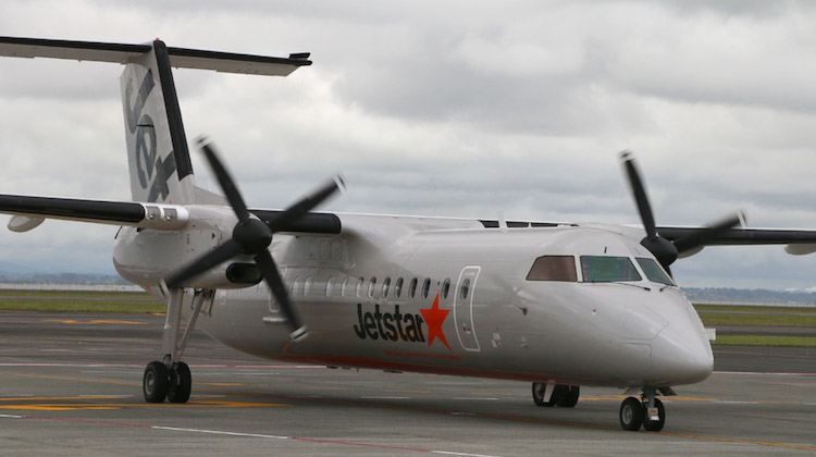 AUCKLAND NEW ZEALAND December 1, 2015. Jetstar commenced Regional New Zealand Services with the arrival of a Bombardier Q300 - Dash 8 aircraft from Napier to Auckland International Airport today.