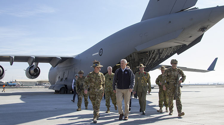 Prime Minister of Australia, The Hon Malcolm Turnbull MP and official party disembark a Royal Australian Air Force C-17 Globemaster aircraft at Hamid Karzai International Airport in Kabul, Afghanistan.