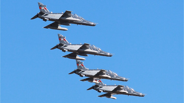 No 76 Squadron Hawk-127 aircraft conduct an aerial display during the No 76 Squadron Family day at RAAF Base Williamtown.