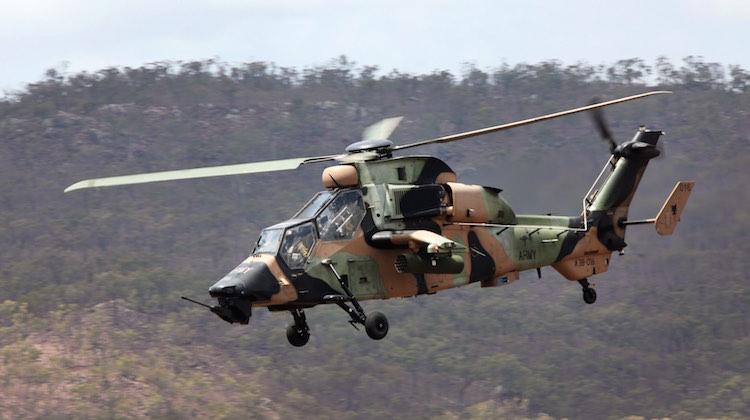 An Australian Regular Army ARH Tiger Helicopter conducts Close Air Support during Exercise BLACK DAGGER in Townsville.