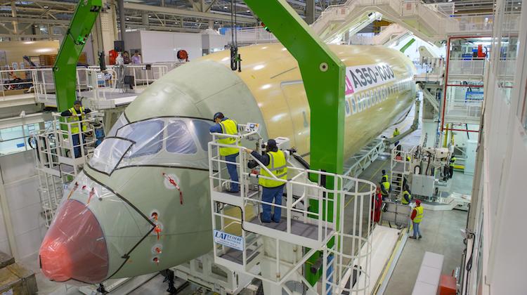 The first A350-1000 flight test aircraft in final assembly. (Airbus)