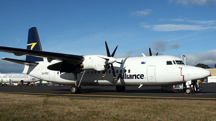 A file image of an Alliance Fokker 50 in Hobart. (Rob Finlayson)