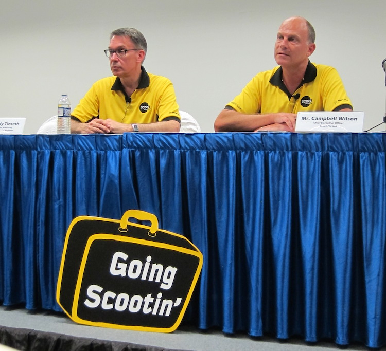 Boeing Commercial Airplanes vice president of marketing Randy Tinseth and Scoot chief executive Campbell Wilson at Singapore Airshow. 