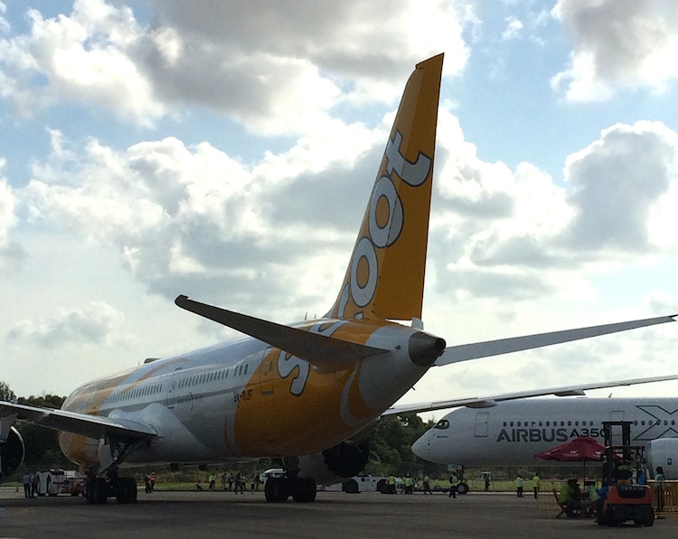 Scoot Boeing 787-9 9V-OJF at Singapore Airshow.