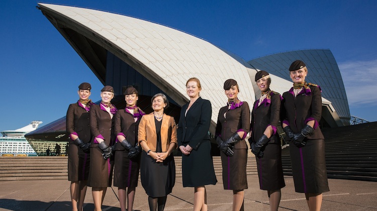 Sydney Opera House chief executive Louise Herron (left) and Etihad general manager for Australia and New Zealand Sarah Built with Etihad cabin crew at the Sydney Opera House. (Etihad/Daniel Boud)
