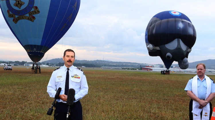 Chief of Air Force, Air Marshal Leo Davies and Chaplain, Squadron Leader James Cox, launch the new shaped Air Force Hot Air Balloon. (Defence)