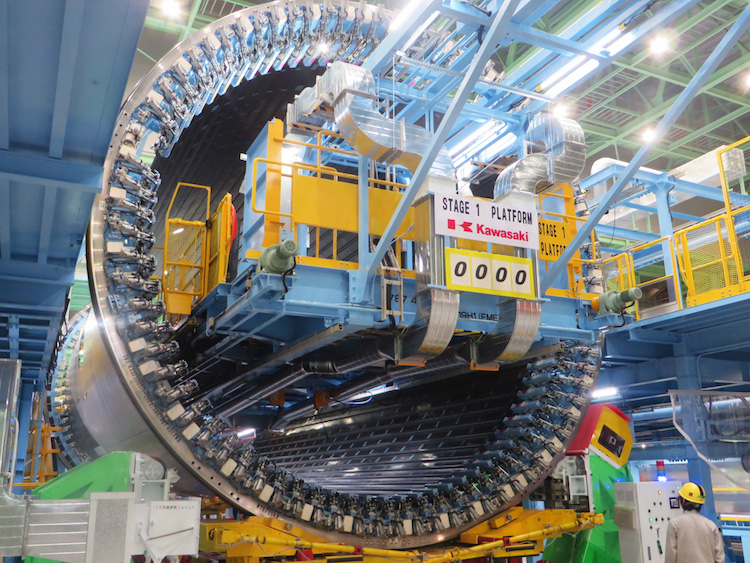 A supplied image of circular frames being installed into the midforward section for the first Boeing 787-10 at Kawasaki Heavy Industries. (Boeing) 
