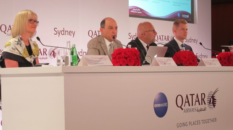 Qatar Airways chief executive Akbar Al Baker speaking at a media conference in Sydney. (Jordan Chong)