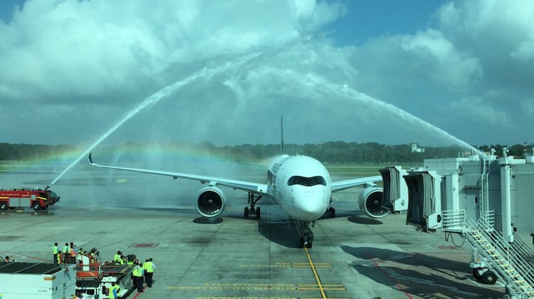 Singapore Airlines' first A350-900 receives a water cannon salute at Changi Airport after its delivery flight. (SIA/Twitter)