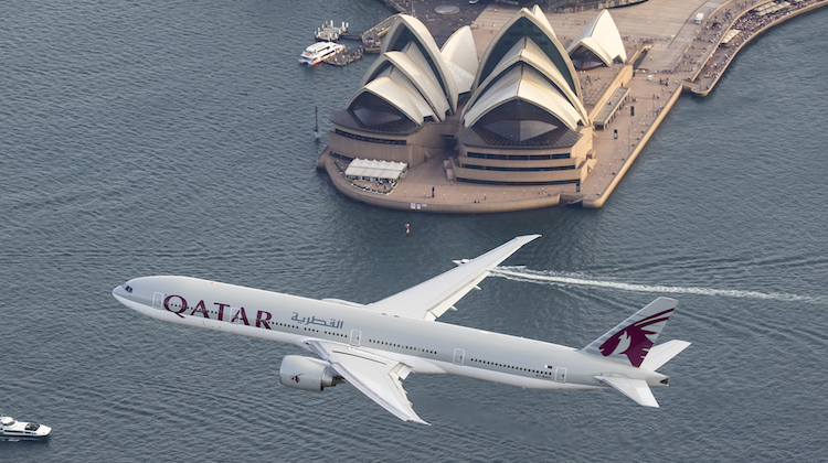 Qatar Airways Boeing 777-300ER A6-BAO flies over the Sydney Opera House. (Seth Jaworski)