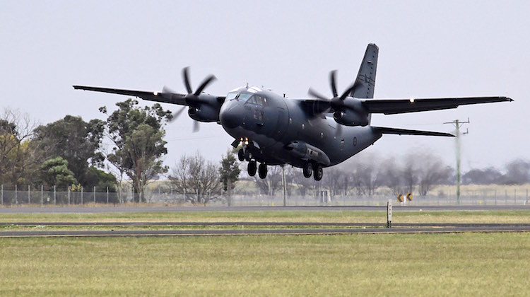 A C-27J Spartan of No. 35 Squadron lands at RAAF Base East Sale, Victoria.
